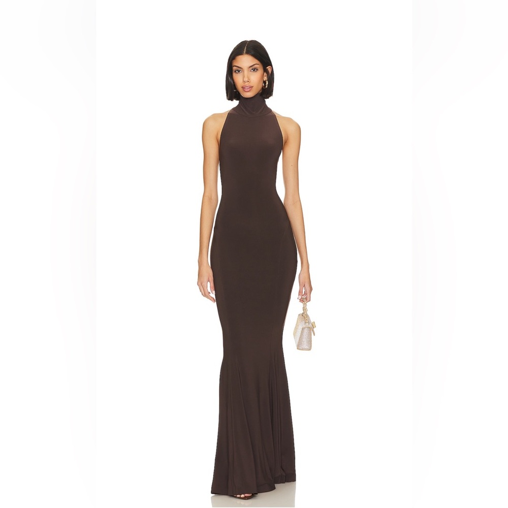 NWT Norma Kamali Halter Turtle Fishtail Gown Chocolate Brown size M